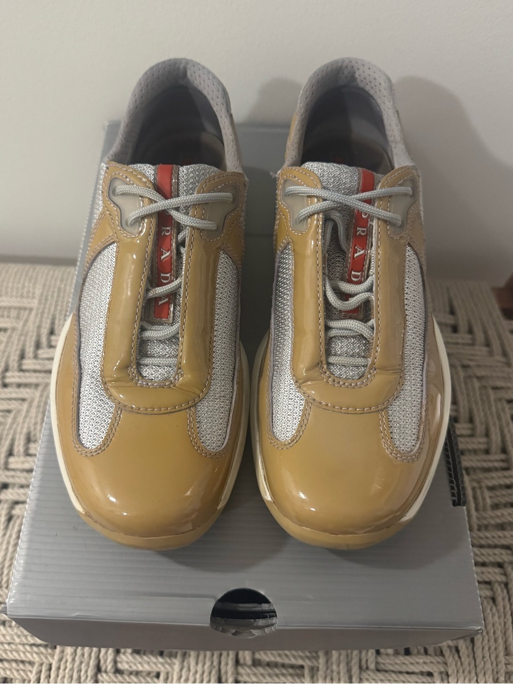 Prada Women’s Tan/Gold Patent and Silver Mesh Sneakers - Size 36